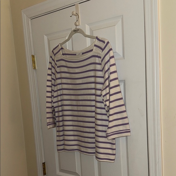 J. Jill Striped Buttoned-cuff Tee In Cream,lavender - Picture 1 of 3